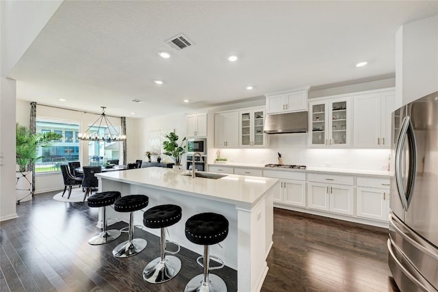 5028 Olimpico Way, Leander, TX 78641 - kitchen featuring stainless steel appliances, a sink, under cabinet range hood, dark wood-style flooring, and recessed lighting