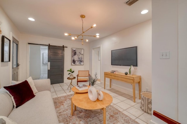 2010 Alguno Rd, Austin, TX 78757 - living room featuring a barn door, light tile patterned floors, a chandelier, and recessed lighting