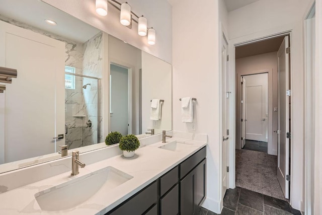 1531 N Red Bud Ln Unit 34, Round Rock, TX 78665 - full bathroom featuring a marble finish shower, double vanity, and recessed lighting