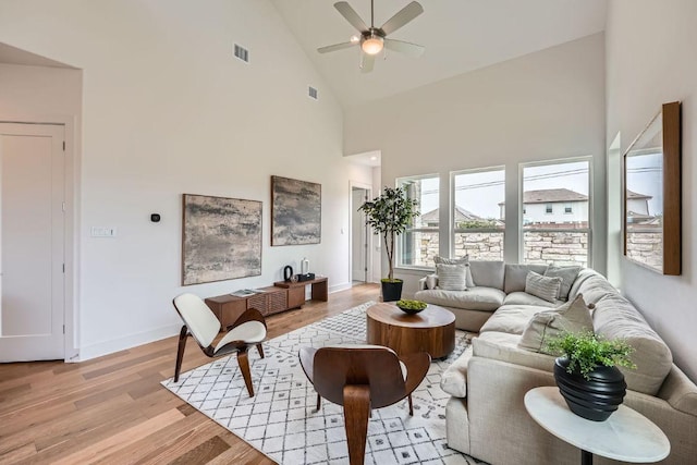 1531 N Red Bud Ln Unit 34, Round Rock, TX 78665 - living room featuring high vaulted ceiling, light wood-style flooring, and a ceiling fan
