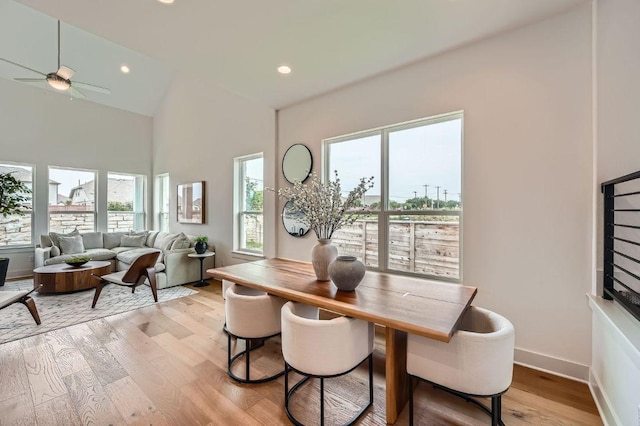 1531 N Red Bud Ln Unit 34, Round Rock, TX 78665 - dining room featuring healthy amount of natural light, a ceiling fan, light wood-style floors, recessed lighting, and high vaulted ceiling