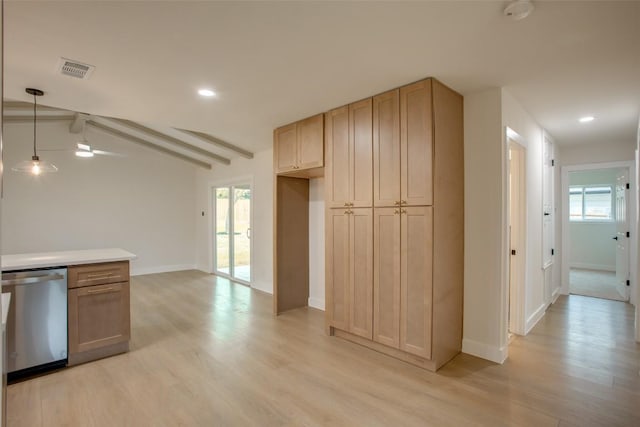 5507 Gloucester Ln, Austin, TX 78723 - kitchen featuring dishwasher, light wood-type flooring, plenty of natural light, recessed lighting, and decorative light fixtures