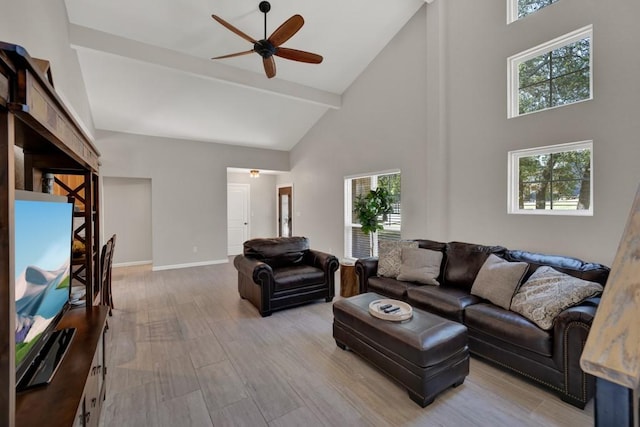 3055 Lakeview Dr, Canyon Lake, TX 78133 - living room with high vaulted ceiling, ceiling fan, light wood-type flooring, plenty of natural light, and beamed ceiling