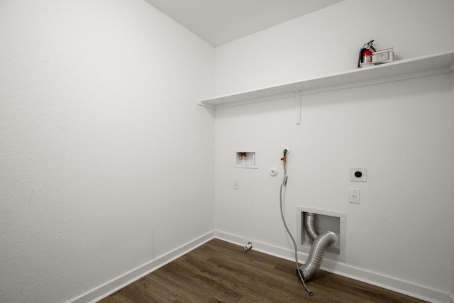 10208 Criswell Rd, Austin, TX 78754 - laundry area with hookup for a gas dryer, electric dryer hookup, dark wood-style flooring, baseboards, and washer hookup