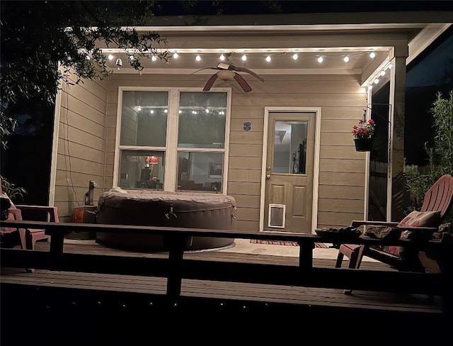 10016 Wading Pool Path, Austin, TX 78748 - doorway to property with a deck, a ceiling fan, and a covered hot tub