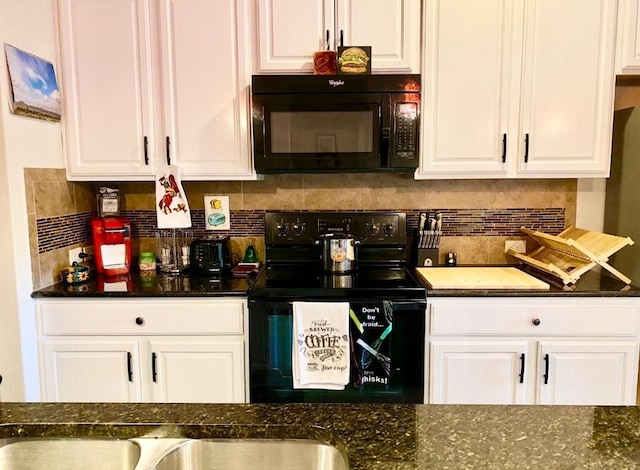 10016 Wading Pool Path, Austin, TX 78748 - kitchen featuring black appliances, white cabinets, backsplash, and dark stone counters
