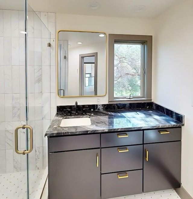 2700 Marina Shores Dr, Spicewood, TX 78669 - bathroom with a shower stall and vanity