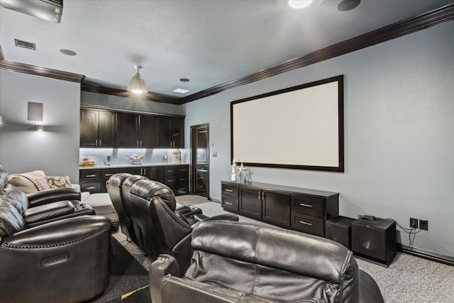 535 Creekside Dr, Salado, TX 76571 - carpeted cinema featuring crown molding and baseboards
