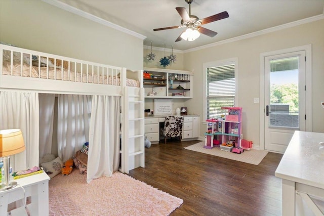 535 Creekside Dr, Salado, TX 76571 - bedroom with ornamental molding, dark wood-type flooring, a desk, and ceiling fan
