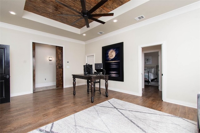 535 Creekside Dr, Salado, TX 76571 - office area featuring wooden ceiling, ceiling fan, a tray ceiling, wood finished floors, and recessed lighting