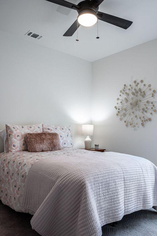 148 Feather Way, Fredericksburg, TX 78624 - bedroom with ceiling fan and carpet floors