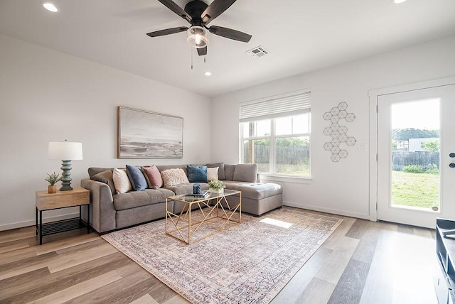 148 Feather Way, Fredericksburg, TX 78624 - living area with recessed lighting, light wood-style flooring, ceiling fan, and baseboards