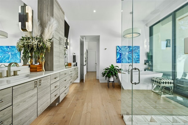8209 Two Coves Dr, Austin, TX 78730 - hallway with light wood-style flooring, a sink, and recessed lighting