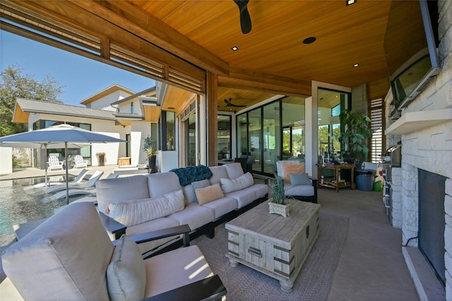 8209 Two Coves Dr, Austin, TX 78730 - view of patio with a ceiling fan, outdoor lounge area, and a pool