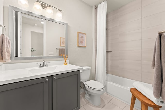 7105 Jument Dr, Austin, TX 78738 - full bath with vanity, toilet, shower / tub combo, tile patterned floors, and a textured wall