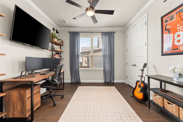 7105 Jument Dr, Austin, TX 78738 - office with ornamental molding, ceiling fan, dark wood-type flooring, and baseboards