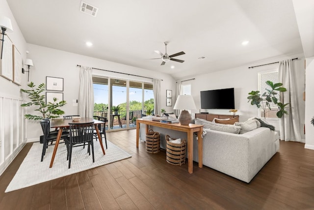 7105 Jument Dr, Austin, TX 78738 - living room with ceiling fan, dark wood-style floors, recessed lighting, and baseboards
