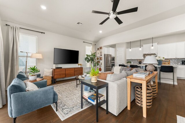 7105 Jument Dr, Austin, TX 78738 - living room featuring ceiling fan, dark wood-style floors, and recessed lighting