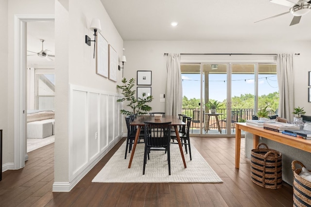 7105 Jument Dr, Austin, TX 78738 - dining room featuring a ceiling fan, dark wood-style floors, recessed lighting, and baseboards