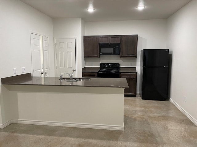 2313 Zanoletti Ct, Temple, TX 76504 - kitchen featuring black appliances, a sink, finished concrete floors, dark brown cabinets, and a peninsula