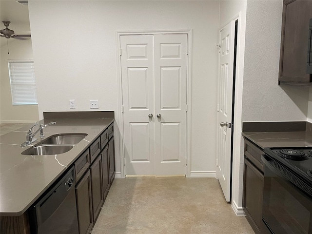 2313 Zanoletti Ct, Temple, TX 76504 - kitchen featuring a sink, dishwasher, black range with electric stovetop, ceiling fan, and a peninsula