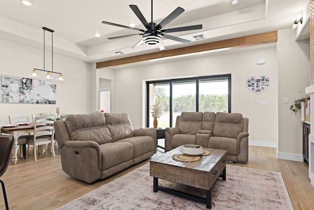 4374 Tall Rdg, Kempner, TX 76539 - living area with a tray ceiling, a ceiling fan, recessed lighting, light wood-style flooring, and baseboards