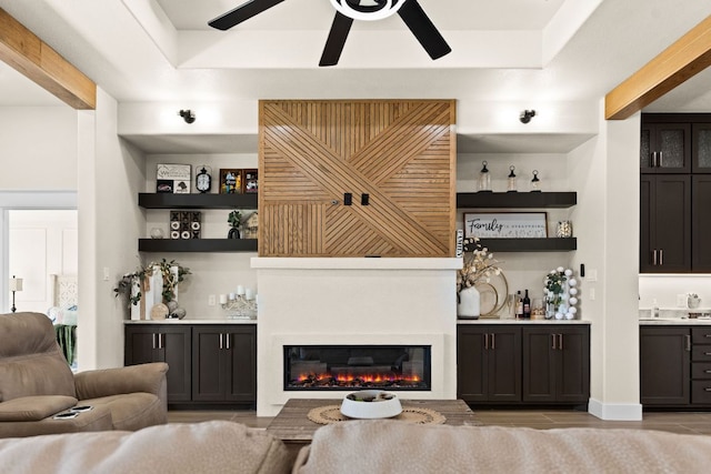 4374 Tall Rdg, Kempner, TX 76539 - indoor wet bar with a ceiling fan and a glass covered fireplace