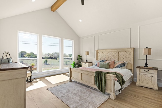 4374 Tall Rdg, Kempner, TX 76539 - bedroom with beam ceiling, high vaulted ceiling, light wood-style flooring, and recessed lighting