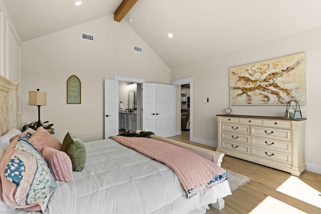 4374 Tall Rdg, Kempner, TX 76539 - bedroom featuring beamed ceiling, light wood-style floors, high vaulted ceiling, recessed lighting, and ensuite bath