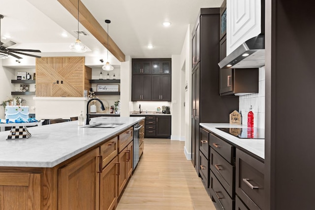 4374 Tall Rdg, Kempner, TX 76539 - kitchen featuring a sink, black electric cooktop, a ceiling fan, under cabinet range hood, and open shelves