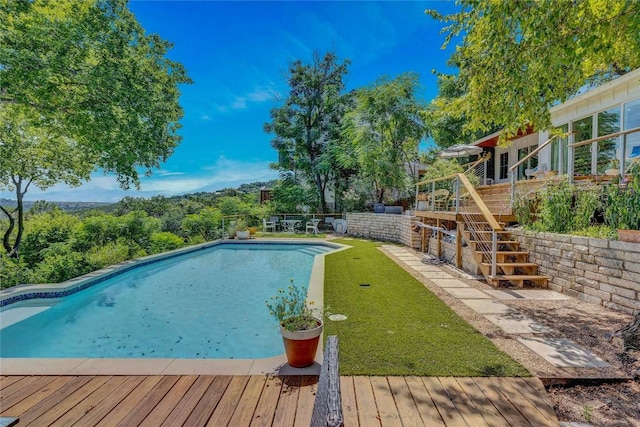 2419 Trail Of The Madrones, Austin, TX 78746 - swimming pool with a deck, stairway, and a yard