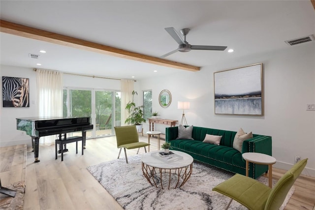 2419 Trail Of The Madrones, Austin, TX 78746 - living area with beamed ceiling, wood finished floors, recessed lighting, and a ceiling fan
