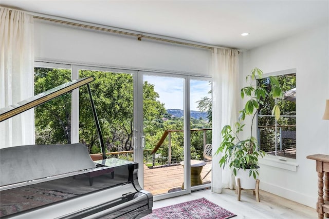 2419 Trail Of The Madrones, Austin, TX 78746 - doorway with recessed lighting, wood finished floors, and a mountain view