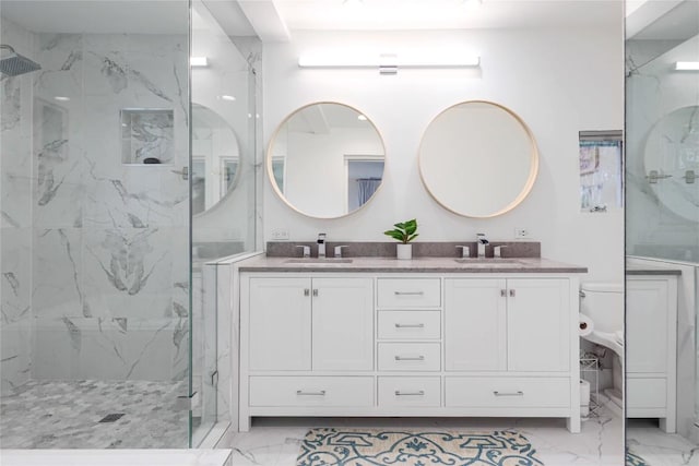 2419 Trail Of The Madrones, Austin, TX 78746 - full bathroom with marble look tiles, a marble finish shower, and double vanity