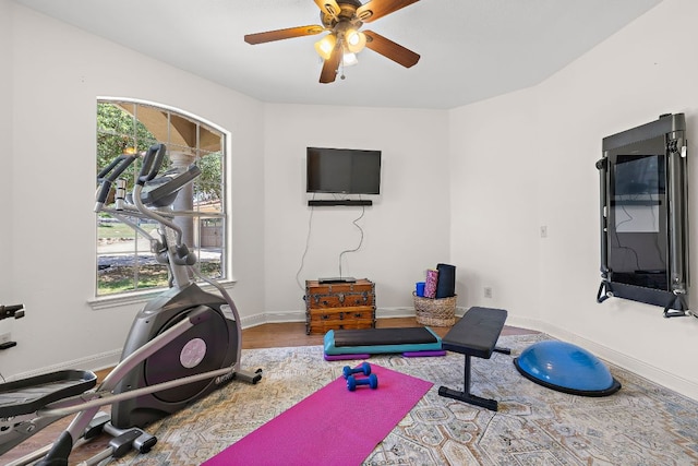 17308 Saint Therese Rd, Manor, TX 78653 - exercise room with ceiling fan, baseboards, and wood finished floors