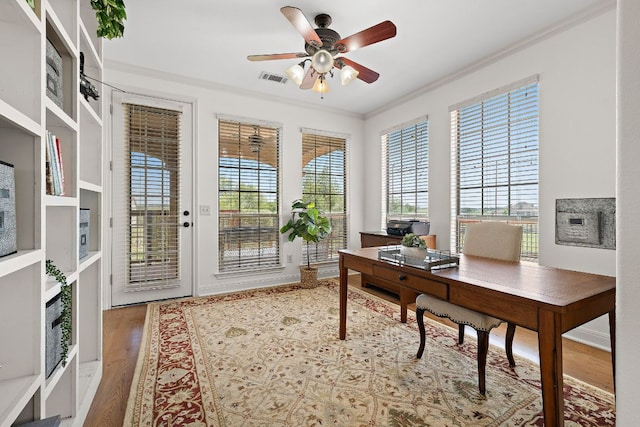 17308 Saint Therese Rd, Manor, TX 78653 - office featuring crown molding, wood finished floors, and ceiling fan