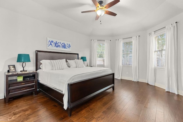 114 Fred Couples Dr, Round Rock, TX 78664 - bedroom with dark wood-style floors, multiple windows, baseboards, and a ceiling fan