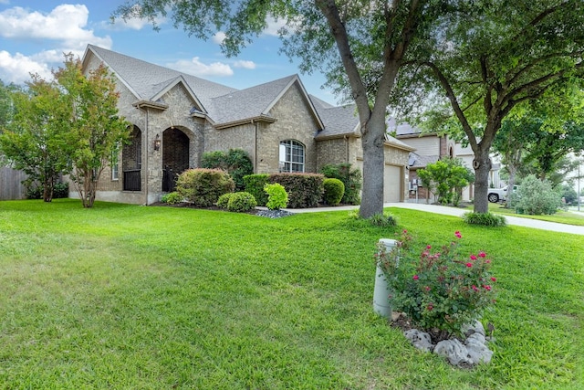 114 Fred Couples Dr, Round Rock, TX 78664 - french provincial home featuring a front lawn, an attached garage, brick siding, roof with shingles, and concrete driveway