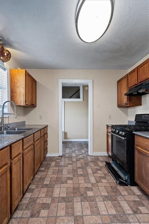 461 Skyline Rdg, San Marcos, TX 78666 - kitchen with gas stove, under cabinet range hood, a sink, baseboards, and a textured ceiling