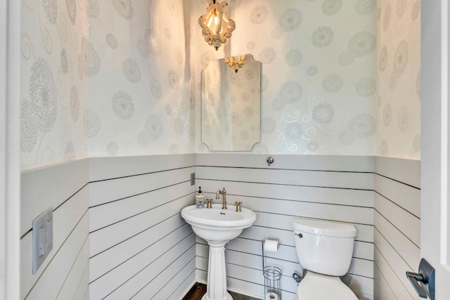 127 Cypress Shores Ln, Kingsland, TX 78639 - half bath featuring wallpapered walls, toilet, wainscoting, and a sink