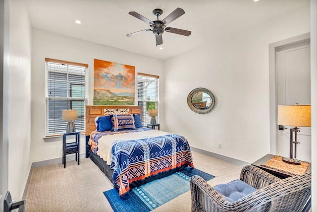 127 Cypress Shores Ln, Kingsland, TX 78639 - bedroom featuring carpet, baseboards, recessed lighting, and a ceiling fan