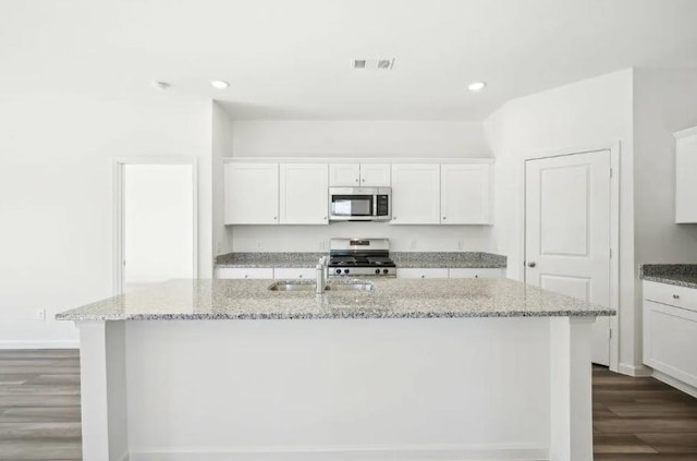 1504 Morris Loop, San Marcos, TX 78666 - kitchen with appliances with stainless steel finishes, a sink, dark wood-style flooring, recessed lighting, and a center island with sink