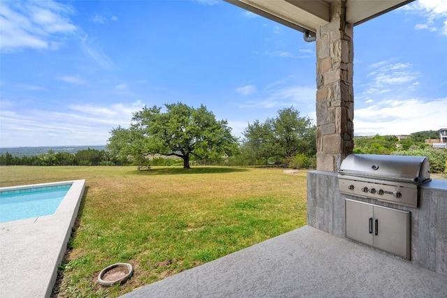 7816 Lynchburg Dr, Austin, TX 78738 - view of green lawn featuring an outdoor kitchen, a patio area, and an outdoor pool