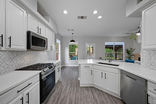 2208 Barnett Dr, Cedar Park, TX 78613 - kitchen featuring stainless steel appliances, a sink, recessed lighting, light wood-type flooring, and light countertops