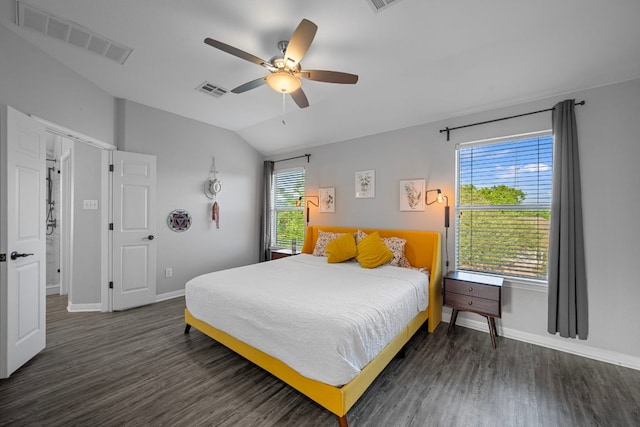 2208 Barnett Dr, Cedar Park, TX 78613 - bedroom featuring wood finished floors, lofted ceiling, baseboards, and a ceiling fan