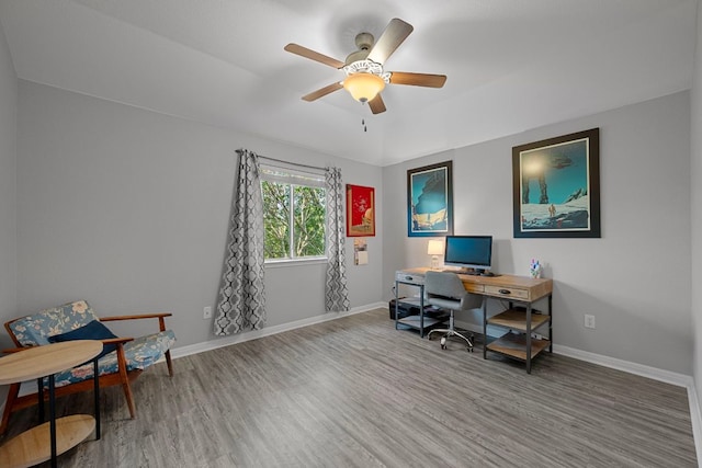 2208 Barnett Dr, Cedar Park, TX 78613 - home office featuring wood finished floors, baseboards, and ceiling fan