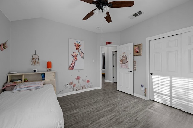 2208 Barnett Dr, Cedar Park, TX 78613 - bedroom featuring wood finished floors, baseboards, a ceiling fan, and lofted ceiling
