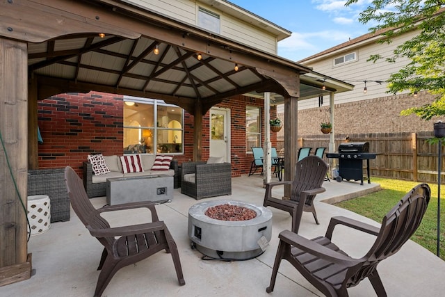 2208 Barnett Dr, Cedar Park, TX 78613 - view of patio / terrace featuring a gazebo, an outdoor living space with a fire pit, and grilling area