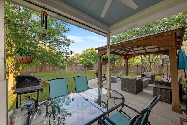 2208 Barnett Dr, Cedar Park, TX 78613 - view of patio / terrace with a playground, an outdoor living space, outdoor dining area, ceiling fan, and a gazebo