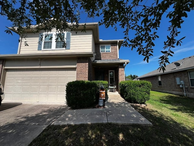 304 Kingfisher Ln, Leander, TX 78641 - traditional-style home with brick siding, an attached garage, a front lawn, and concrete driveway